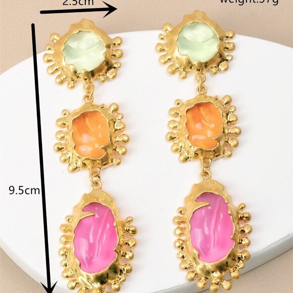 Yellow Gold Vintage Women's Geo Asymmetrical Metal & Acrylic Pendant Earrings - Picture 2 of 4